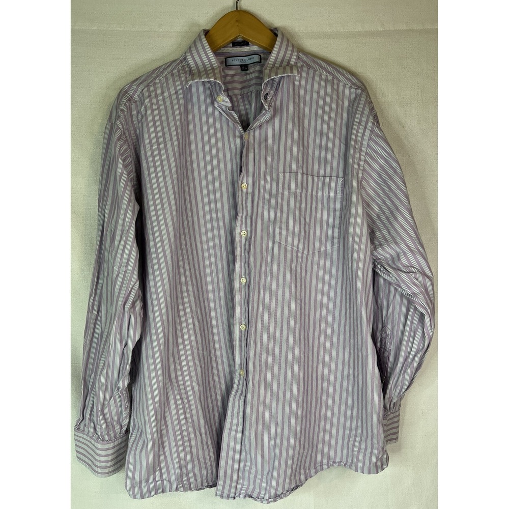 Tommy Hilfiger Mens Shirt XL 17.5 34-35 Pink Striped Long Sleeve Button Down